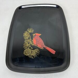 Vintage 60s Couroc Monterey Black Cardinal Tray Hand Inlay Bird MCM USA Serving